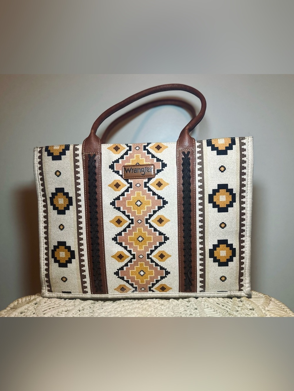 Wrangler Southwestern Canvas Tote Bag | Aztec Print Faux Leather Shoulder Purse
